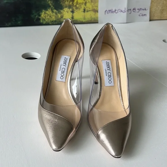 Jimmy Choo champagne color & plastic trim 8.5M(38.5) pointed toe classic pumps